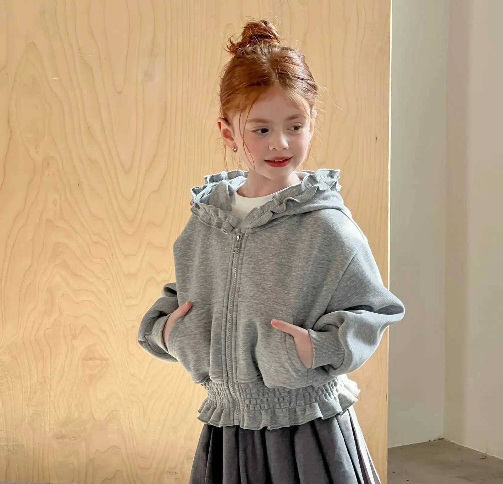 Coat Black Girls Fungus Edge Hooded Knitted Jacket Girls Long Sleeve Zipper Short Coat Casual Versatile 2025 Spring Autumn NewT260916