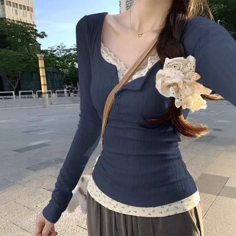 Women Streetwear Two Pieces Long Sleeve Tshirt Floral Lace Trim Casual Slim Fit Tees Female Autumn Winter Bottoming Top 260917
