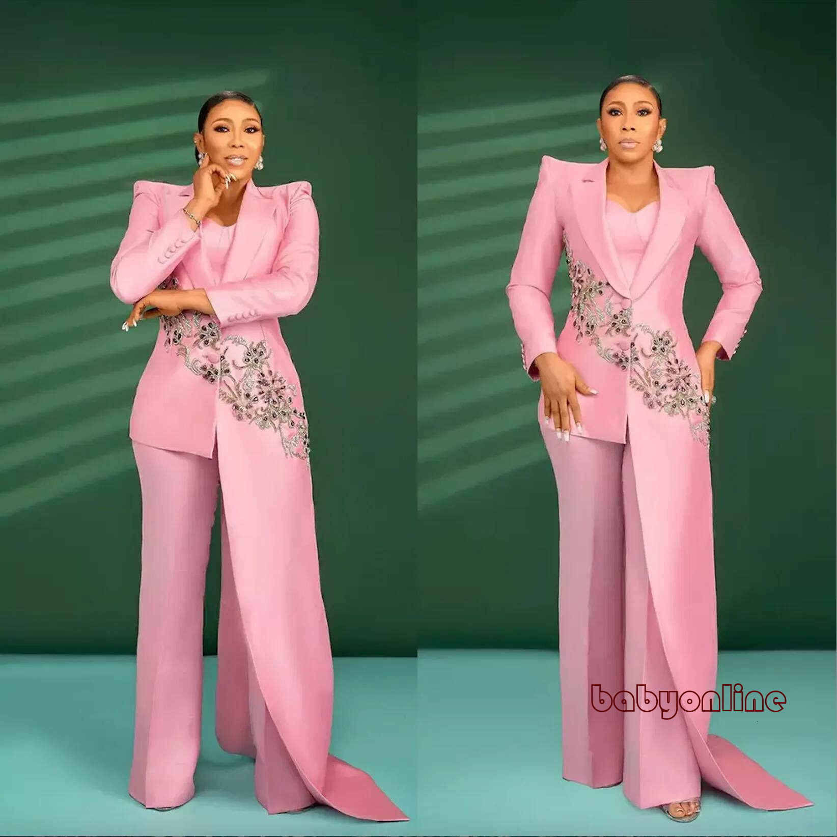 Luxury Baby Pink Women's Suits for Wedding 2 Piece Mother Sets Beading Appliques Crystals Business Slim Fit Women Mother Banquet Party Suits Cu