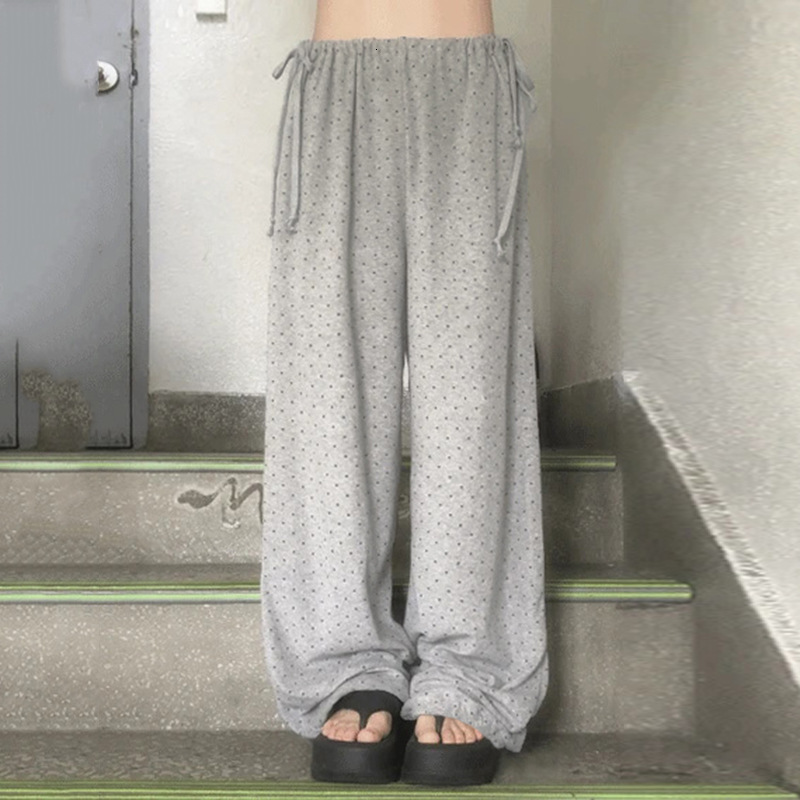 Korean-style casual polka dot sweet-style elastic-waist knitted long pants for women, with a flowing, floor-length, versatile straight-leg design 5c