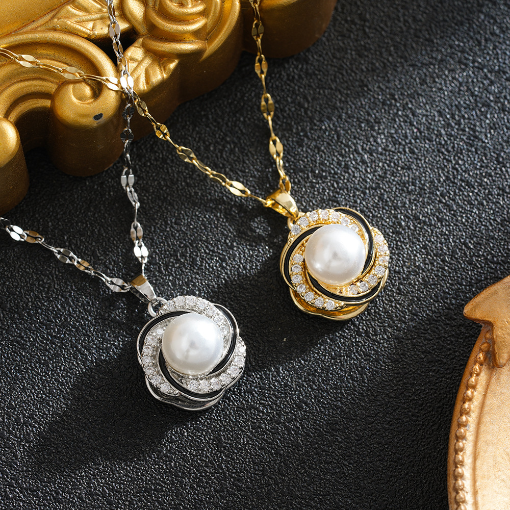 DIY jewelry accessories: micro-paved diamond freshwater pearl necklace pendant, made of titanium steel, 18k gold-plated, wholesale, colorfast, and d