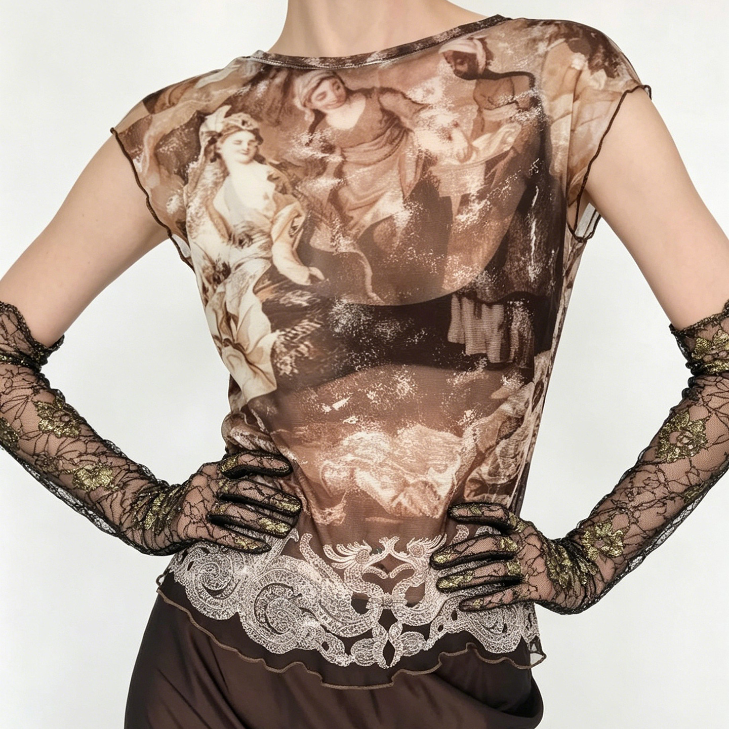 Vintage-inspired artistic retro printed ruffled sheer short-sleeve T-shirt, fashionable wasteland-style niche mesh top d1