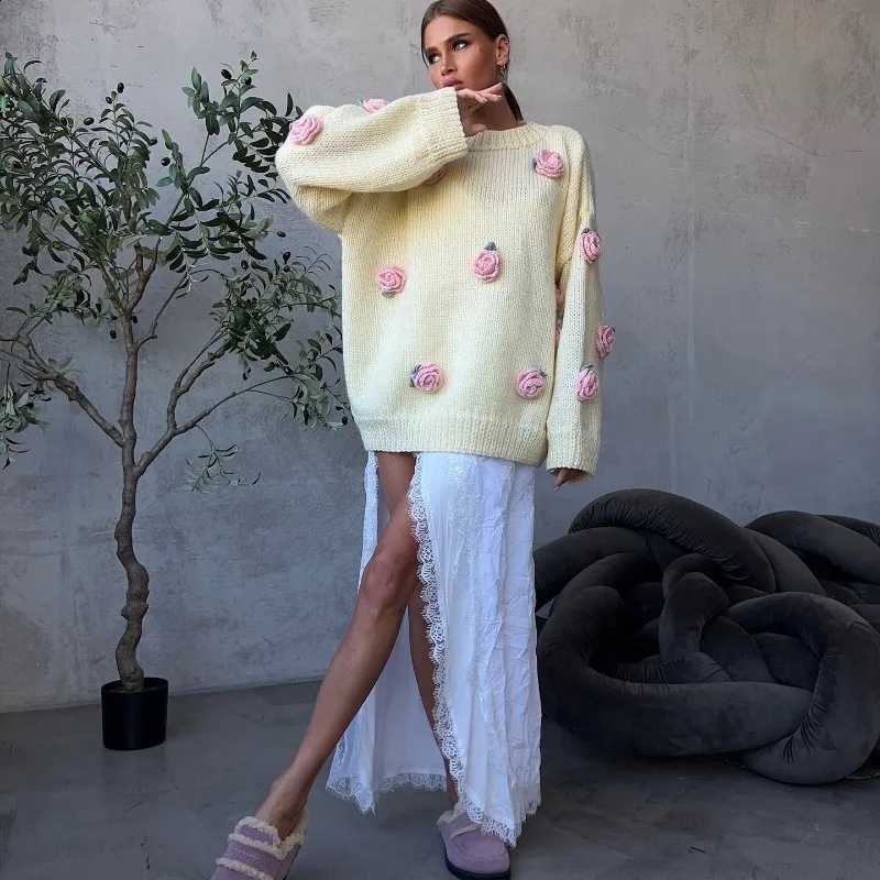 decoration American three-dimensional flower sweater round neck simple autumn new style simple high-end sweater ins style J260916