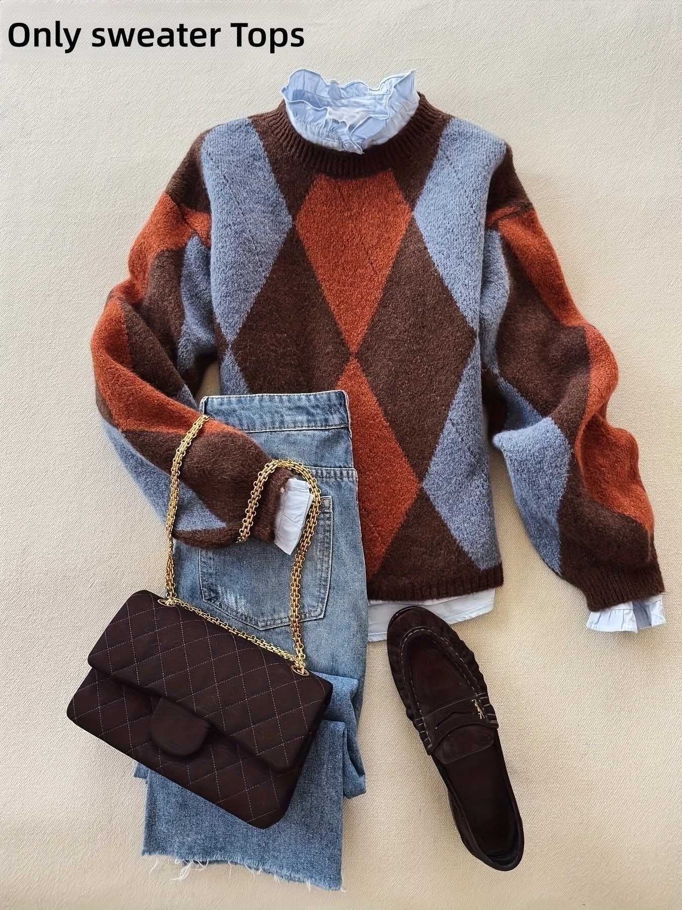Classic diamond plaid contrast color pullover sweater fashionable women's tops popular wool soft knitting X260916