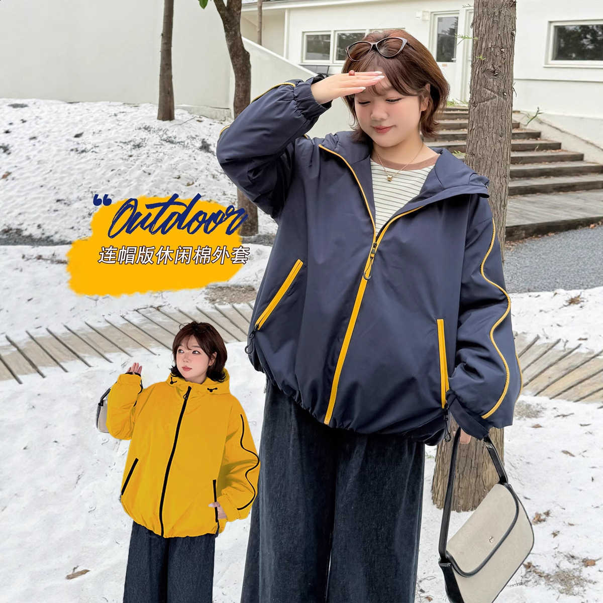 k3199 plus-size women's autumn and winter casual quilted jacket with hood oversized color-block jacket for plus-size women C260917