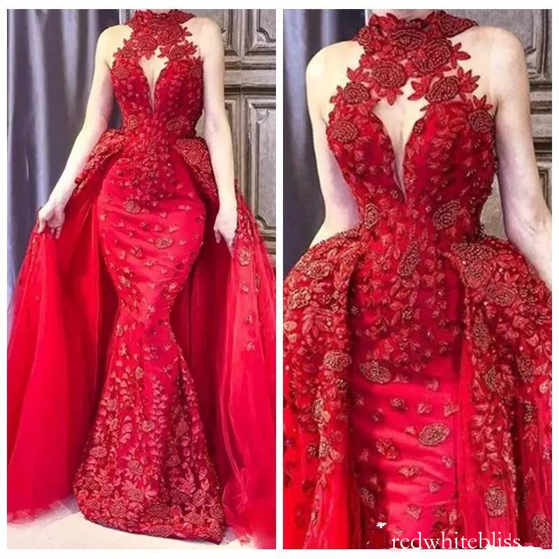 Dubai Red Mermaid Evening Dresses High Neck Lace Applique Beads Ladies Prom Gowns Plus Size Party Dress Custom Robes De Soire