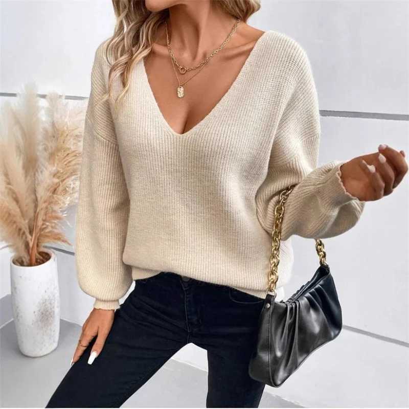 V Neck Solid Knit Sweater Loose Long Sleeve Casual Back Bow Top For Women Cozy Autumn Office Date Night Fall Wardrobe Gift S260917IULV