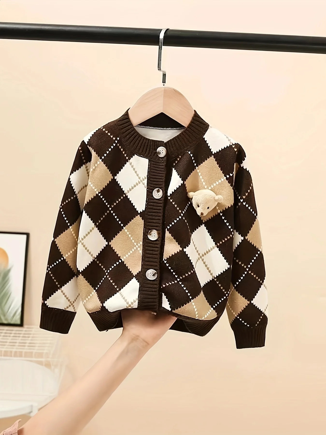 Girls Retro College Style Rhombus Knitted Sweater Cardigan Bear Horse Autumn Style 260916