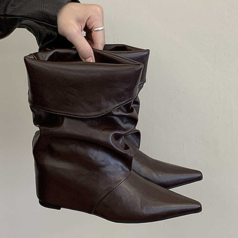 Liyke fa1 Pleated Folded Stacked Ankle Boots For Women Vintage Pointed Toe Height Increasing Insoles Flat Heels Winter Shoes D260917