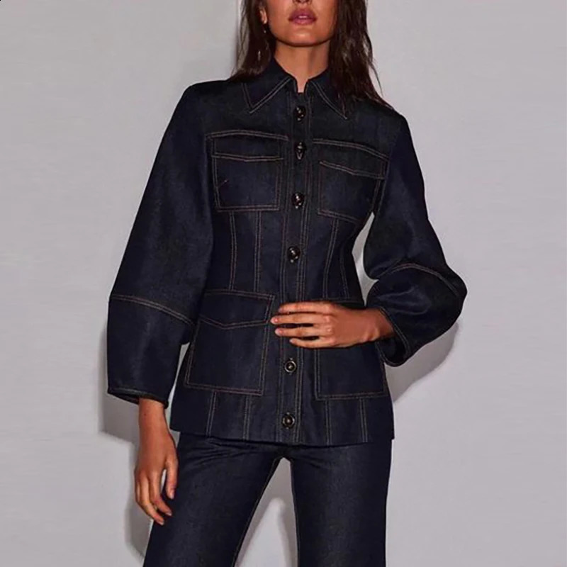 Krisstargirl Autumn Vintage Denim Jacket for Woman Leisure Fashion Pockets Puff Long Sleeve Female Jean Outerwear Clothes 260916