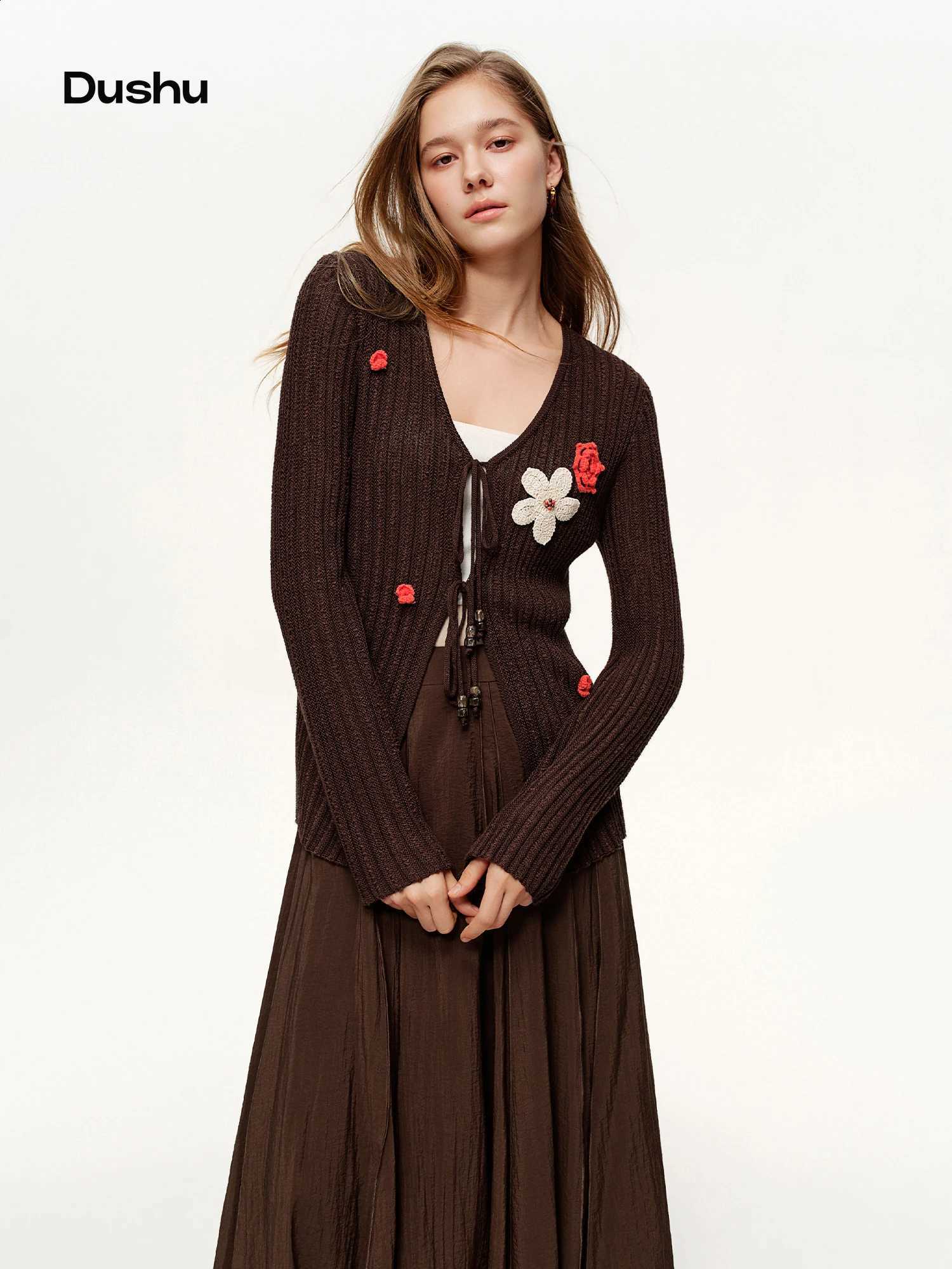 2026 DUSHU Floral Knitwear Spring New Style Elegant Knit Top Cardigan Soft Women Strecthy Draped Streetwear Chic Elegant Casual J260916