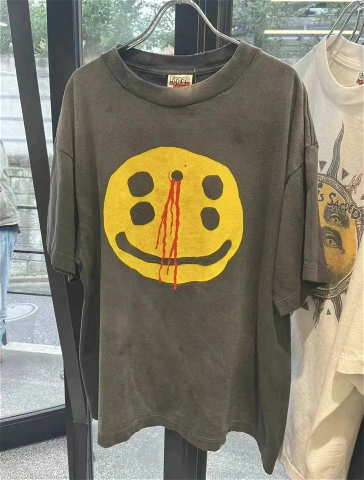 Retro Tops Japanese CPFM Smiling Face Printed Water Wash Vintage T-shirt High Street American Casual Loose Fashion Short Sleeves X260916