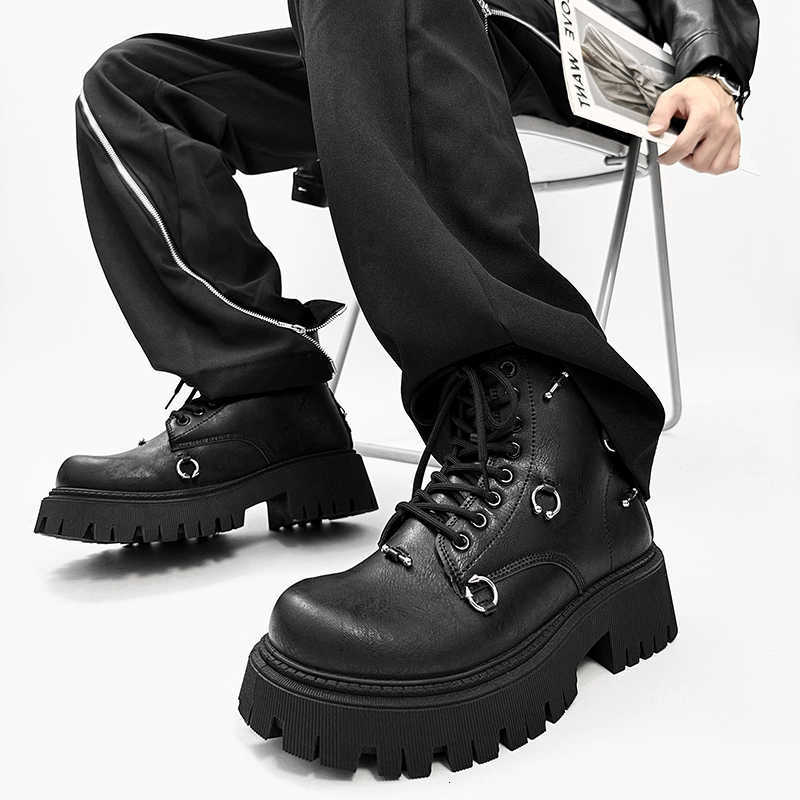 Solid Boots Men's Color fashion Flat Heel Mid-calf Height Lace-up Style High-quality Durable Comfortable Niche Design Work Boots D260917