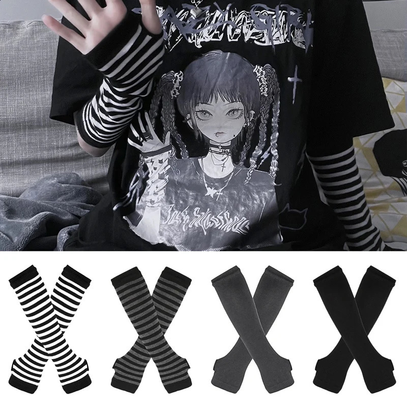 Women Long Sleeve Gothic Striped Fingerless Arm Warmer Knitted Women's Casual Solid Color Fashion Gloves Punk Arm Accessories260915