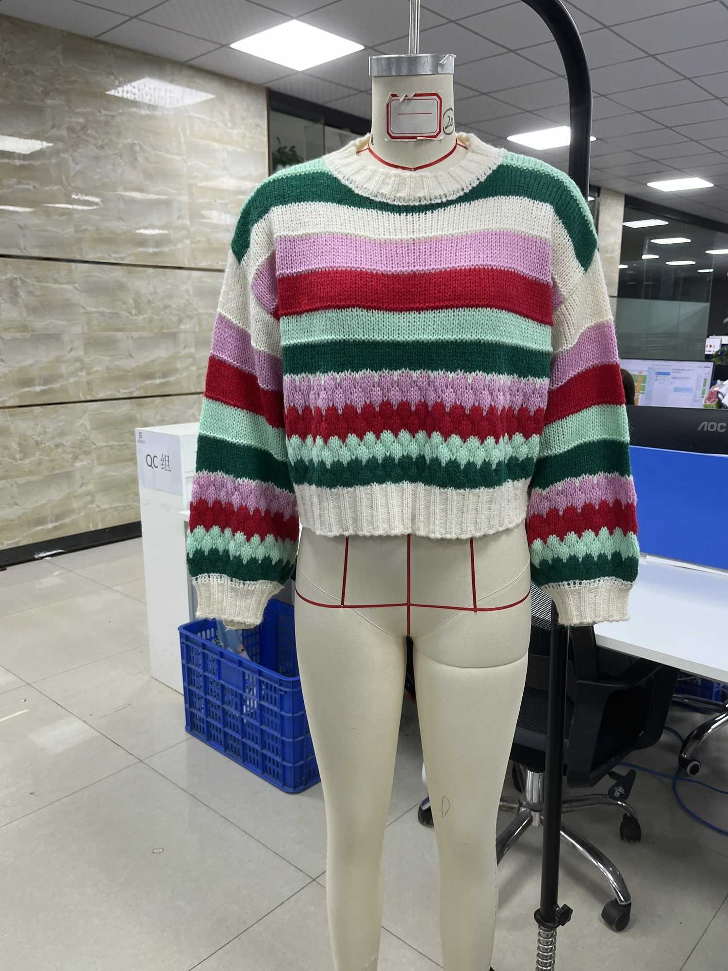 Multicolored Striped Pullover Sweater Women Thick Textured Knit Crewneck Long Slve Fall Sweatshirts Womens Pullover Sweater S2609174PNJ