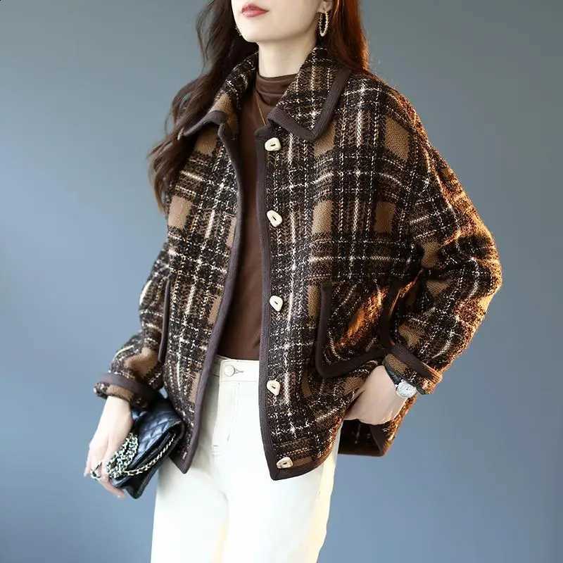Winter Autumn and Woolen Coat Ladies Korean Style Fashion Stitching All-match Plaid Casual Coats and Jackets Women New 2022 C260917