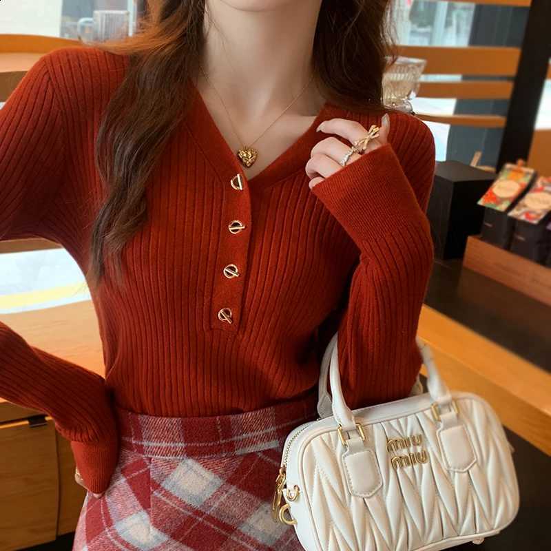 Slim 2026 Button Casual Knitted Pullover Autumn Winter Women Sweaters Sweater Femme Basic Solid Tops Fashion Clothes J260916