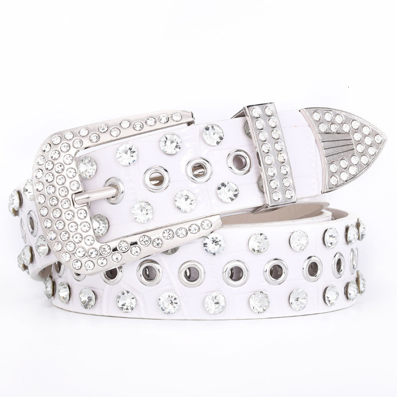 White Ladies' Casual Rhinestone Studded Jeans Diamond Belt Korean Faxu PU Leather Waistband Black and Red W260917