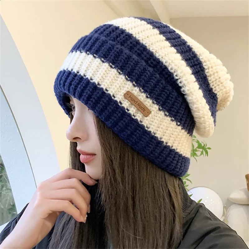 1PC Winter Warm Hats For Women Casual Stacking Knitted Bonnet Caps Men Hats Stripe Hip Hop Unisex Female Beanies 260917