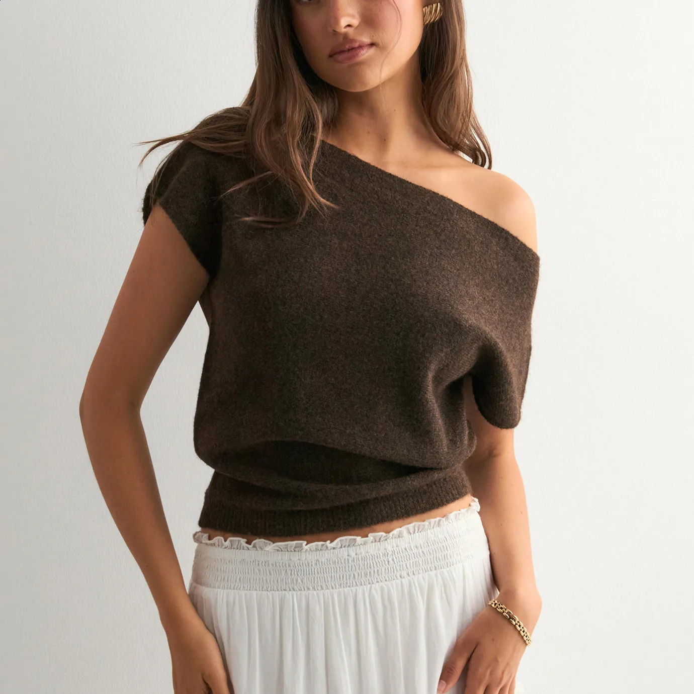 hirigin Off Shoulder Short Sleeve Knit T-Shirt Women Casual Loose Elegant Female Solid Sexy Knit Pullover Top Tees Outerwear 260916