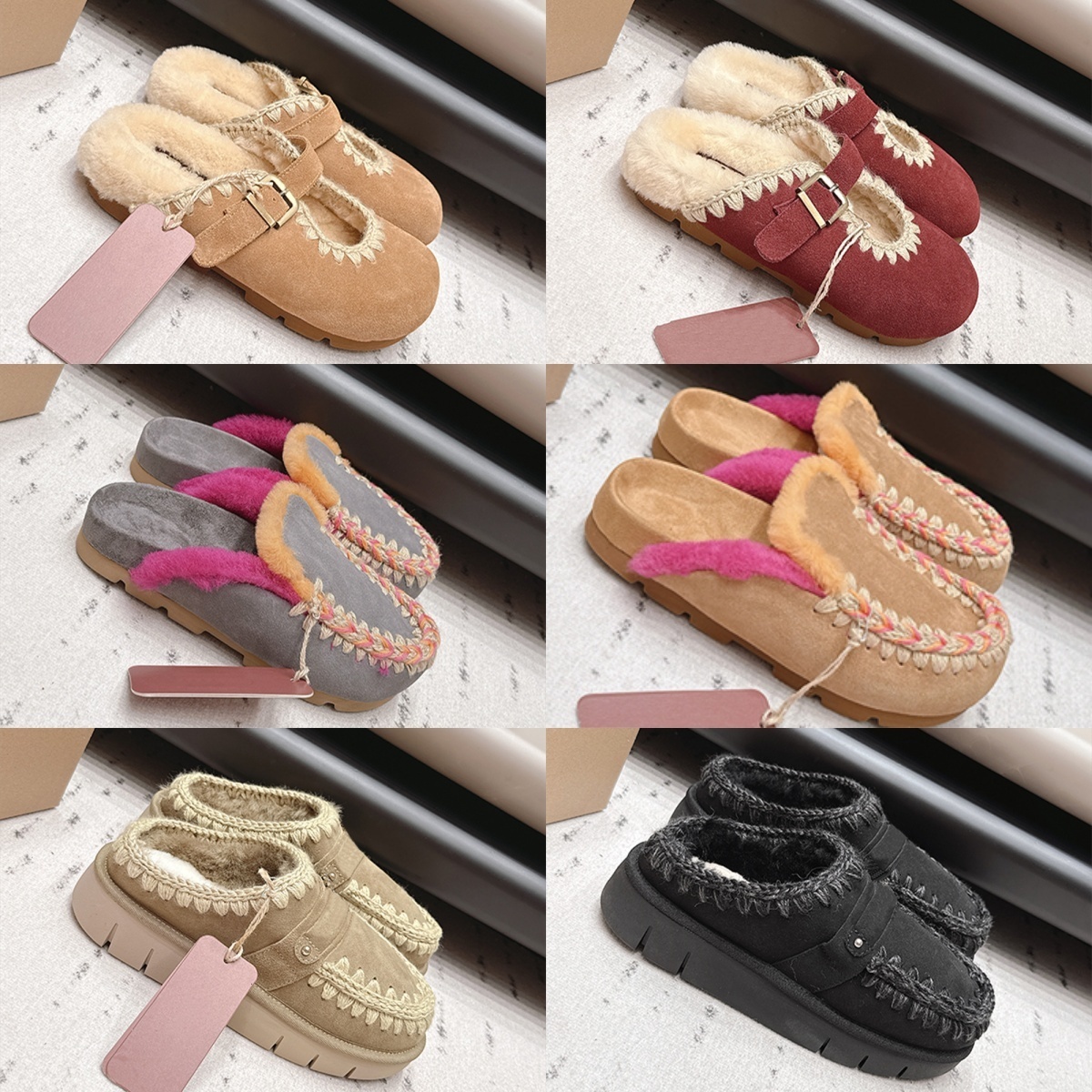 Designer Ladies Fleece Slippers Backless Wool Loafers Warm Lined Easy Wear Shoes Suede Comfortable Thick Sole Winter Slides 1185