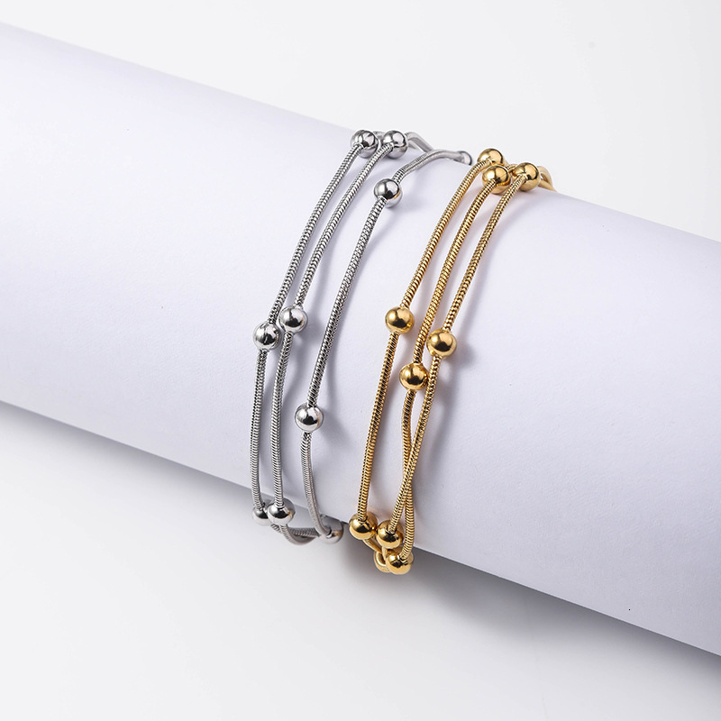 Stainless small bead three-layer snake bone chain bracelet, Korean style fashion titanium steel multi-layer stacked jewelry, plated with real gold