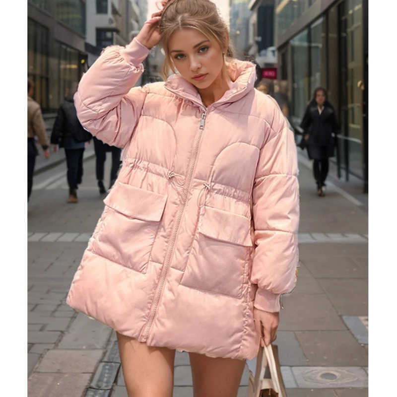 2024 Parkas Women Elegance Y2k Mid Length Thickening Down Cotton Jacket Fashion Stand Collar Large Pocket Cinched Waist Coat H260917