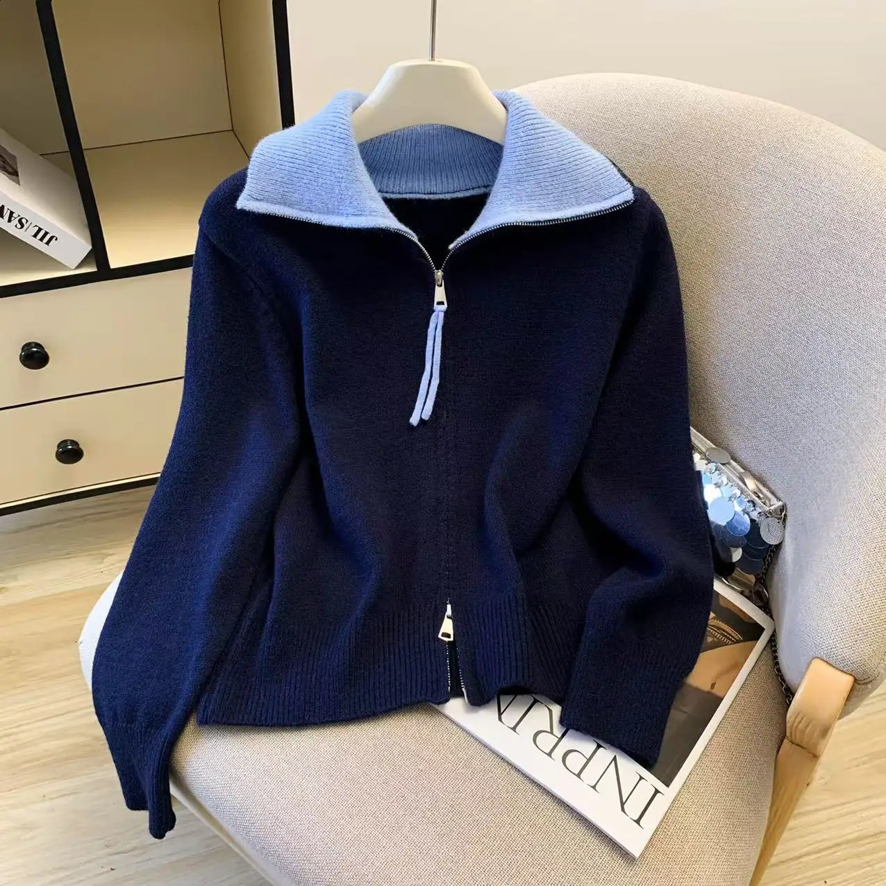 Women's Navy Blue Collared Long Sleeve Zipper Sweater Y2K French Elegant Fashion High Street Office Casual Warm Winter Clothes 260917