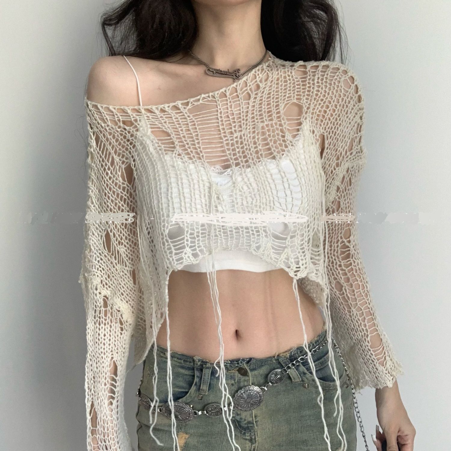 Spring and Autumn Versatile Korean American Style Large Hole Hollow Out Loose Fit Lazy Girl Distressed Knitted Cardigan 5d