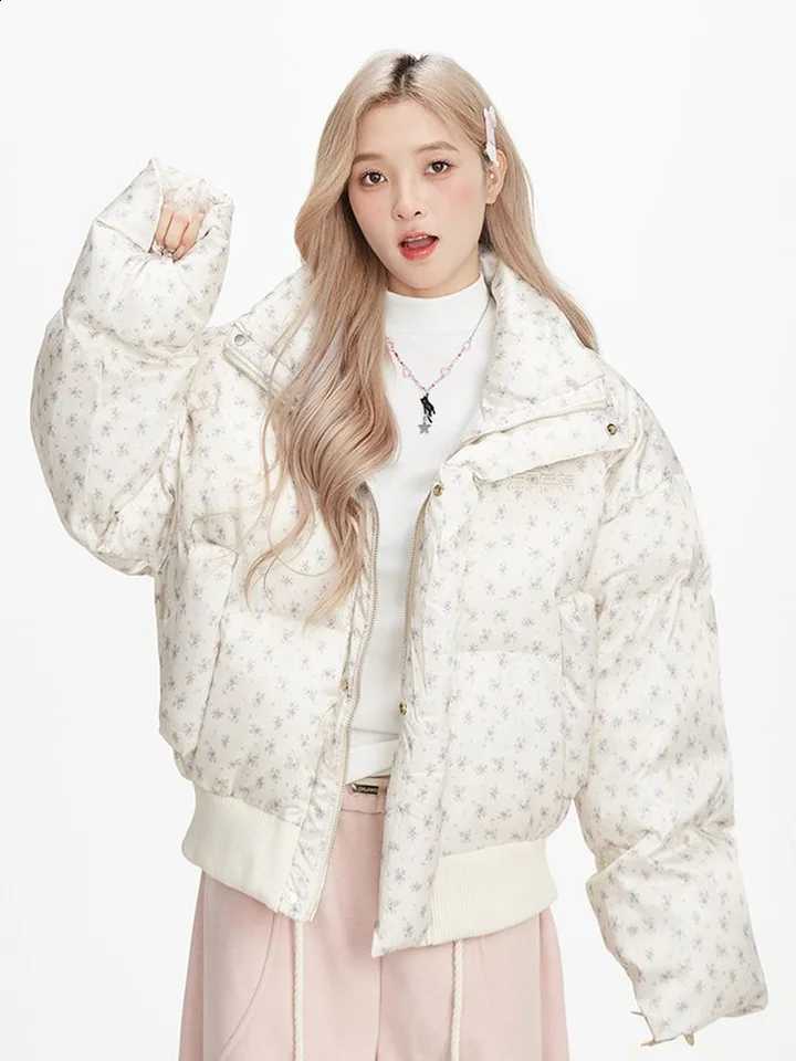 Fashion Floral Sweet Parkas Korean Loose Stand Collar Winter Warm Puffy Coat Casual Thick Preppy Style Pockets Lady Chic Jacket H260917
