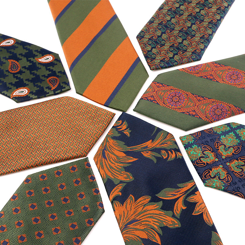 Designer Tie Spring and Summer New Men s Tie Dark Green Orange Series Striped Large Floral Retro Business Suit Tie Fashionable and high-quality bow