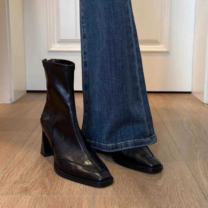Ankle Women Square Toe Stretch Boots New Autumn Winter Female Shoes Street Style Banquet Party Slim Short Botas Mujer D260917