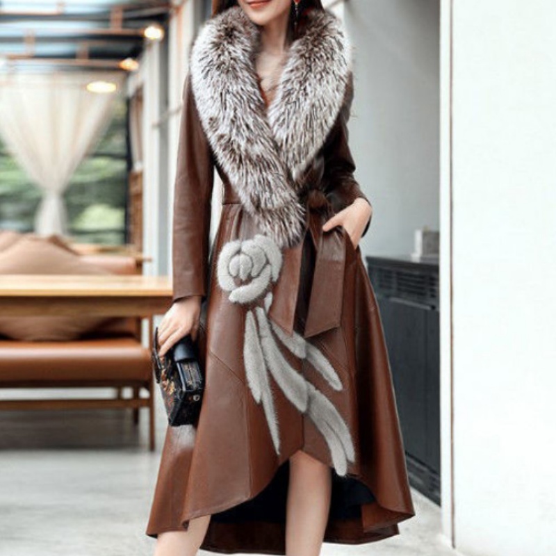 Women Mid Length Winter Coat Bold Fluffy Collar Floral Motif Front Opening Asymmetrical Hem Fitted Long Sleeve Bright Red Stylish Outerwear For Ladi