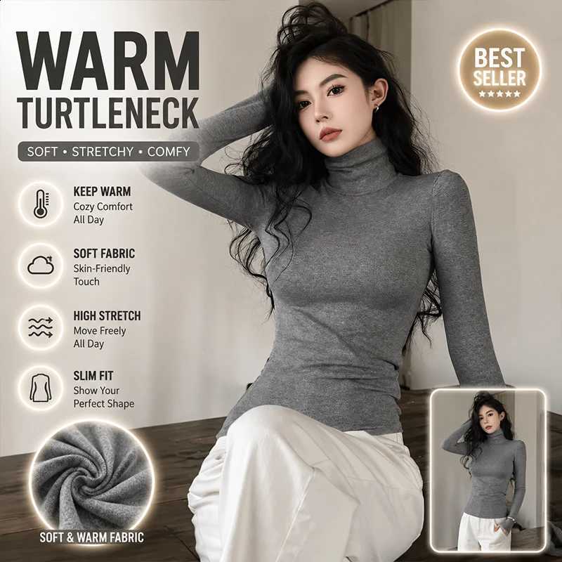 Women Turtleneck Thermal Lingerie Fleece Lined Slim Fit Long Sleeve Base Layer Top Winter Warm Cozy InnerWear Fashion Streetwear H260916