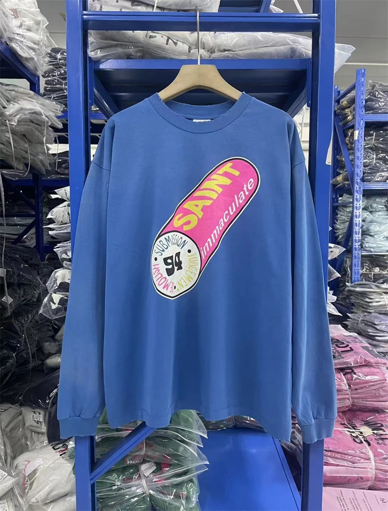 High Street Washed SAINT 25AW Pill Pattern Print Vintage Destruction Long Sleeve Tshirt Casual Loose Cotton Oversize 260916