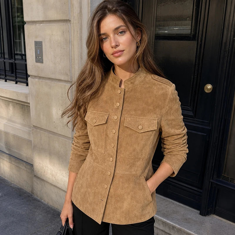 Women Retro Faux Suede Safari Jacket Mandarin Collar Long Sleeve Multi Pockets Single Breasted Slim Chic Workwear Outer Coat 260916