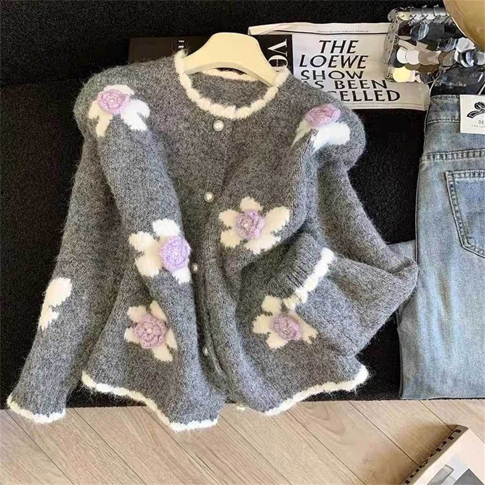 Knitted Open Gray Ladies Cardigan 3d Flower Design Lazy Sle Small Fraance Trend Spring Autumn Winter High-End Feel Sweater Coat J260916