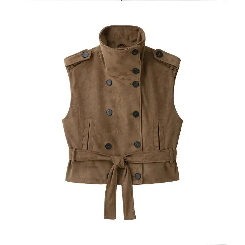 Withered Minimalist Brown Faux Leather Jacket Paired With Waist Belt And Plush Leather Vest Womens Jacket Woman Clothes 260916