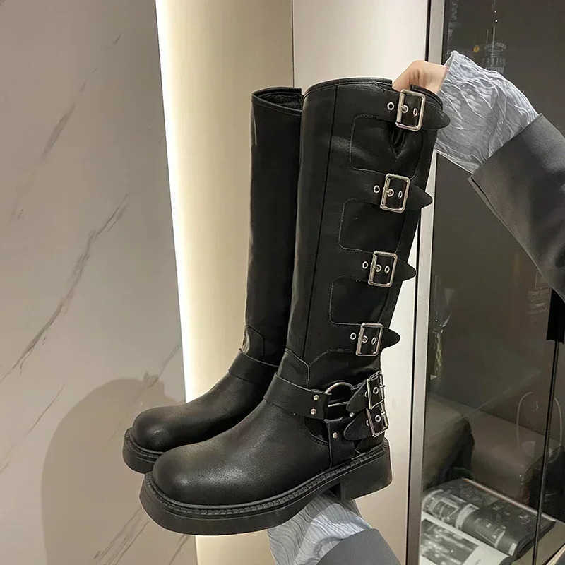 High Woman Boots Platform Knee Elegant Low Heel Trend Punk Gothic New Rock Leather fashion Women's Shoes Motorcycle Footwear D260917