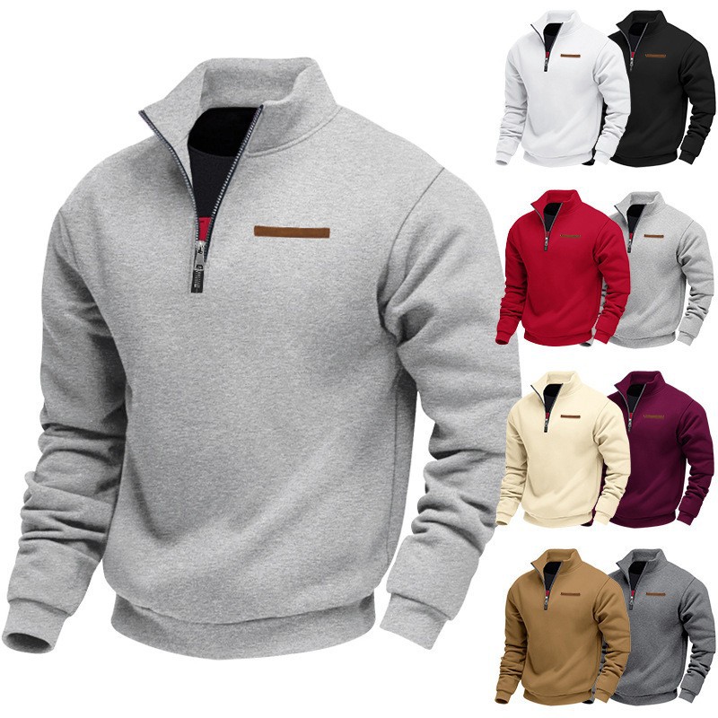 Designer's high-quality men's solid color sanitary sweater jacket with zipper, men's slim fit sportswear, blank top, spring and autum