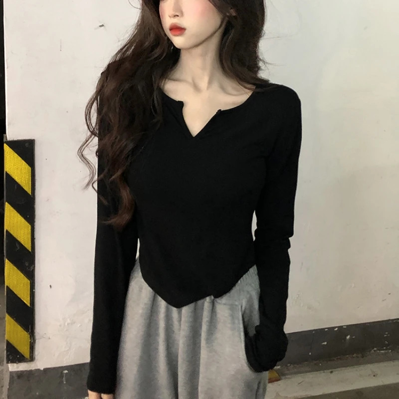 Women Long Sleeve T Shirt Spring Autumn Y2k Crop Top Casual Slim Fit Pullovers Korean V-Neck Top Streetwear Female Basic Tees 260917