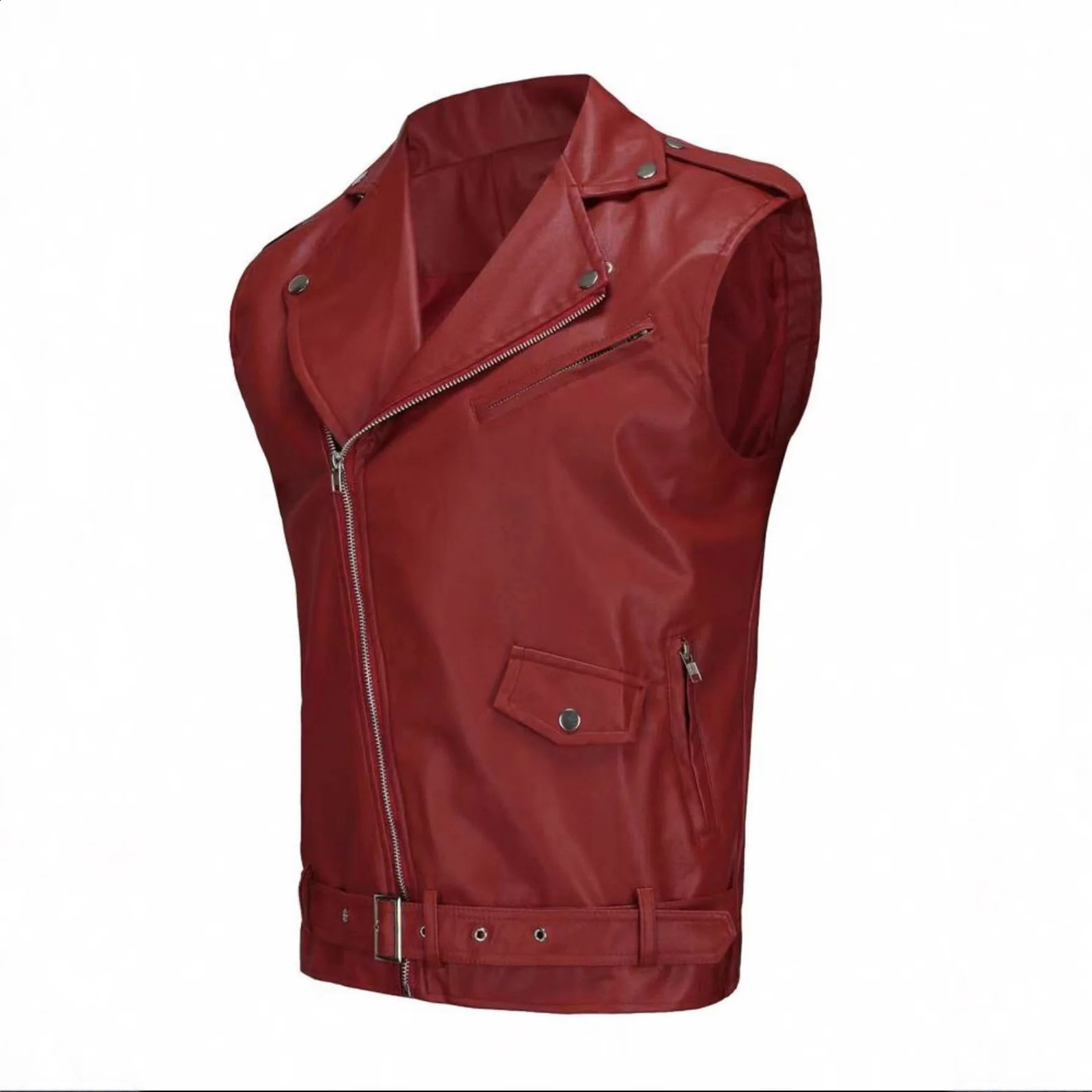 Men Wine Red PU Leather Lapel Zipper Decoration Belt Motorcycle Style Sleeveless Vest Waistcoat 260917