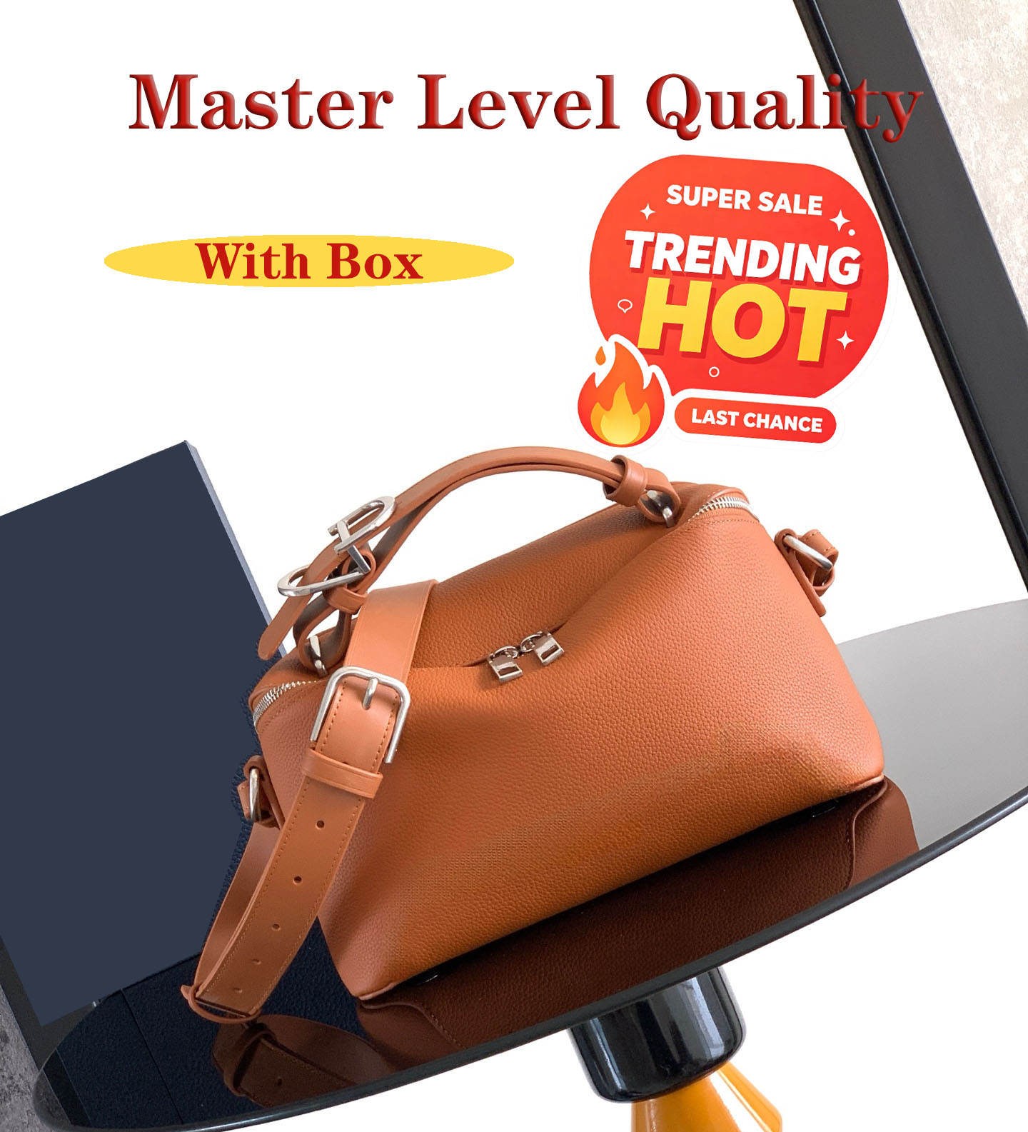 Master level quality grain leather with top handle and shoulder strap, fashionable commuting shoulder bag, makeup bag, handbag with box