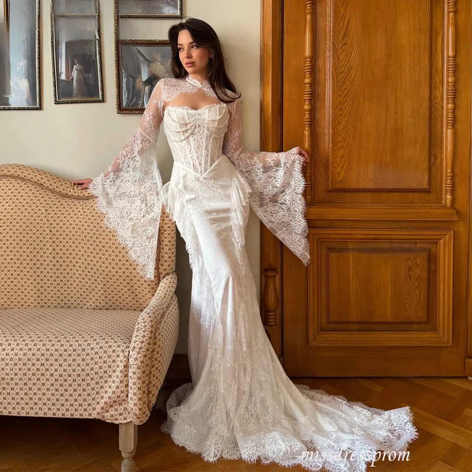 Customized Corset Bodice Lace Evening Party Dress White Mermaid Long Train Formal Prom Quinceanera Gowns For Women 917