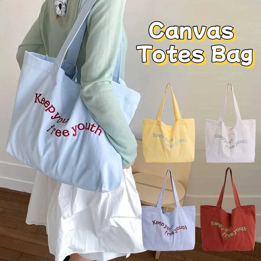 Solid Color Canvas Totes Bag Casual Large Capacity Letters Shoulder Bag Versatile College Student Women's Handbag Commuting H260916