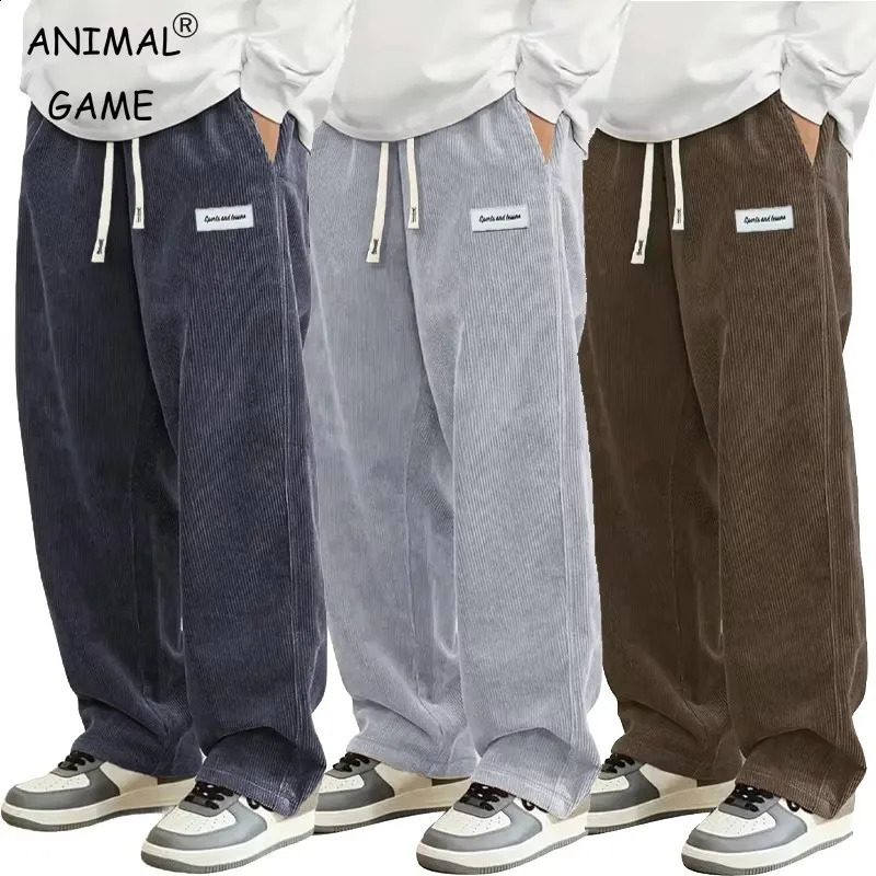 Autumn Mens Corduroy Casual Pants Fashion Loose Fit Pants Straight Sweatpants Elastic Waist Drawstring Outdoor Streetwear 260917