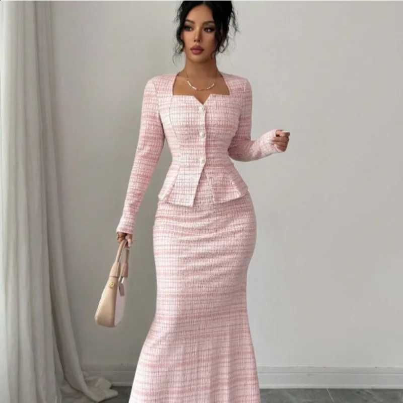 2 Women Pink Piece Outfit Button Peplum Jacket Mermaid Maxi Skirt Set Elegant Office Business Wedding Guest Formal Matching Suit C260917