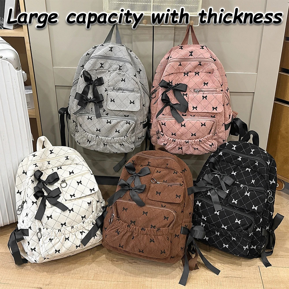 Corduroy Spring and Summer Campus Backpack Large Capacity College Style Girl Cute Bow Backpack Computer Backpack 260916