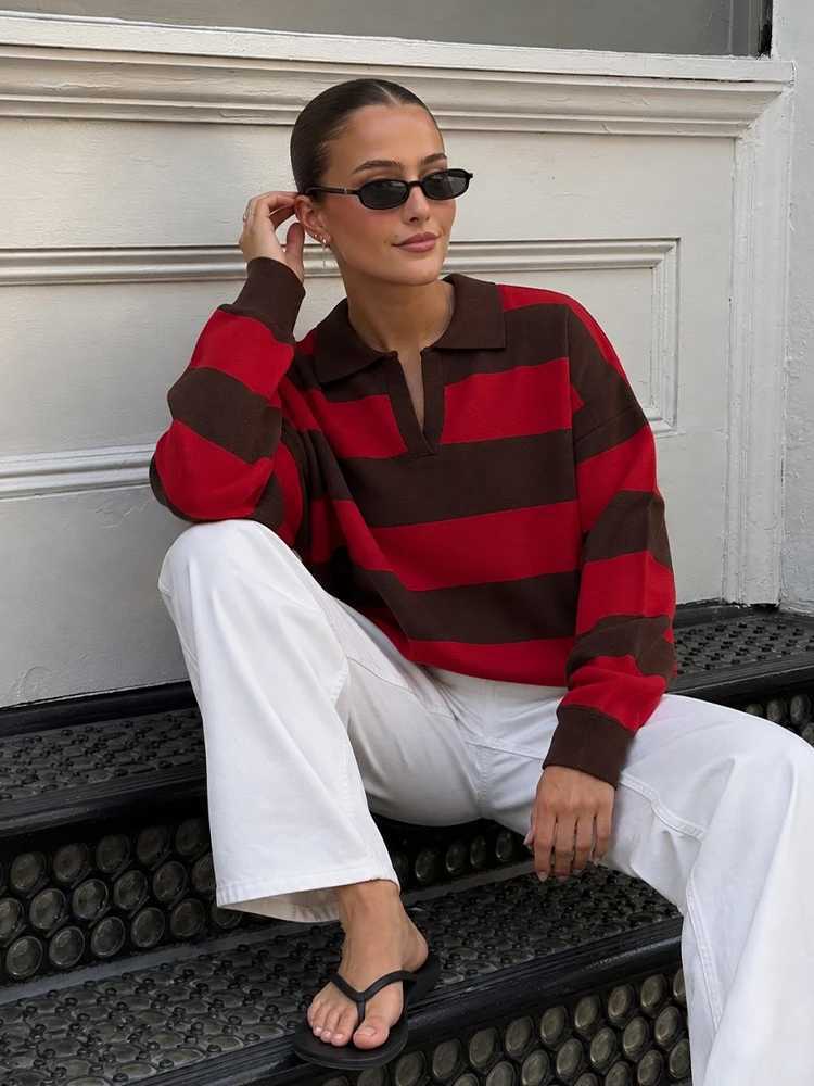 HH Women Fashion Color Blocked Knit Sweater Long Sleeve Lapel Striped Elastic Pullover 2026 Spring Autumn Female Commute Outfit S260917412P