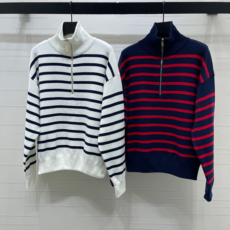 Zipper Cashmere Oversized Sweater Women Vintage Striped Mock Neck Street Unisex Sweaters Fall Warm Brand Home Comfortable Pullover